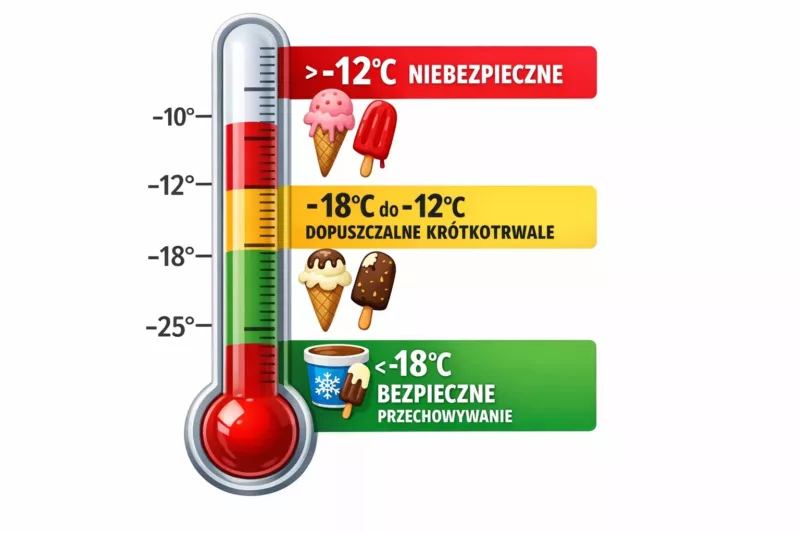 Termometr pokazujący bezpieczne temperatury przechowywania lodów z zaznaczonymi strefami bezpieczeństwa