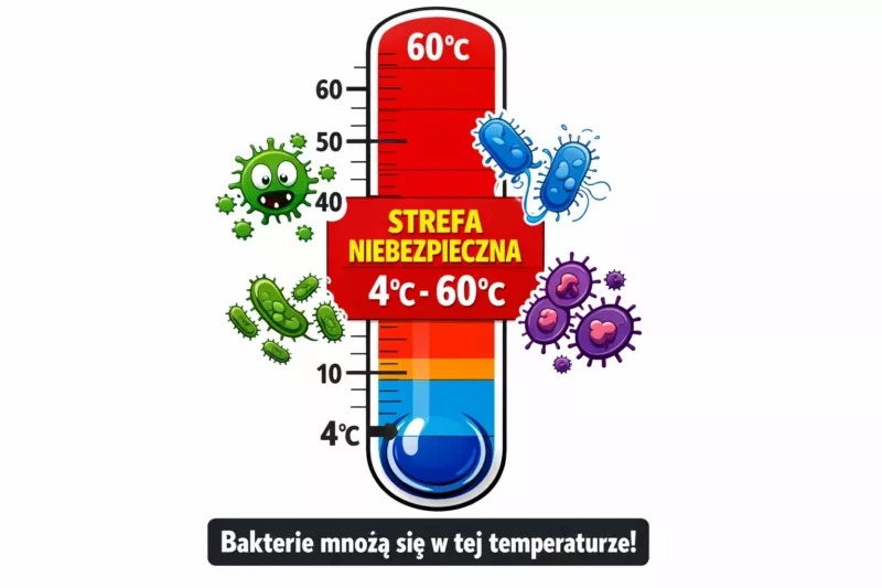Infografika przedstawiająca strefę niebezpieczną temperatury 4-60 stopni Celsjusza dla przechowywania pizzy
