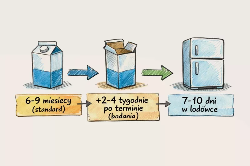 Oś czasu przedstawiająca okresy trwałości mleka UHT w różnych warunkach przechowywania