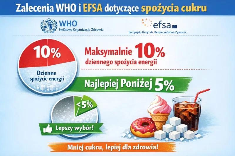 Infografika przedstawiająca zalecenia WHO i EFSA dotyczące ograniczenia spożycia cukru do 10 procent energii dziennie