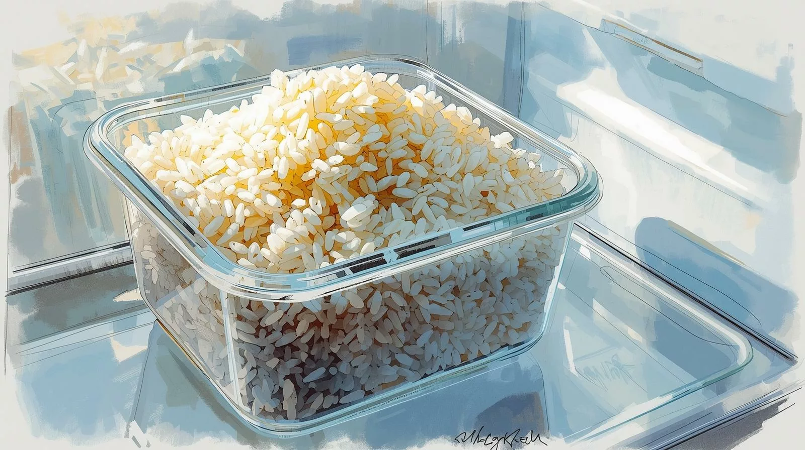 Ugotowany ryż w szczelnym pojemniku przechowywany w lodówce w odpowiedniej temperaturze