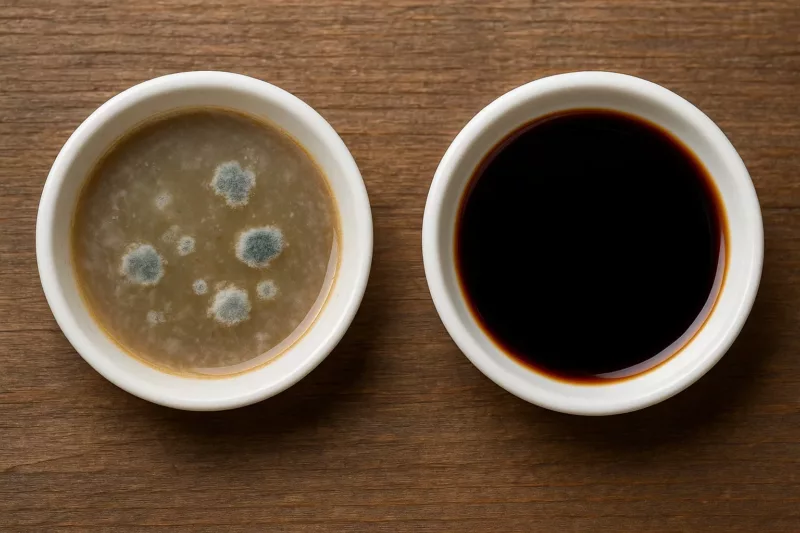 Infografika pokazująca różnice między świeżym a zepsutym sosem sojowym