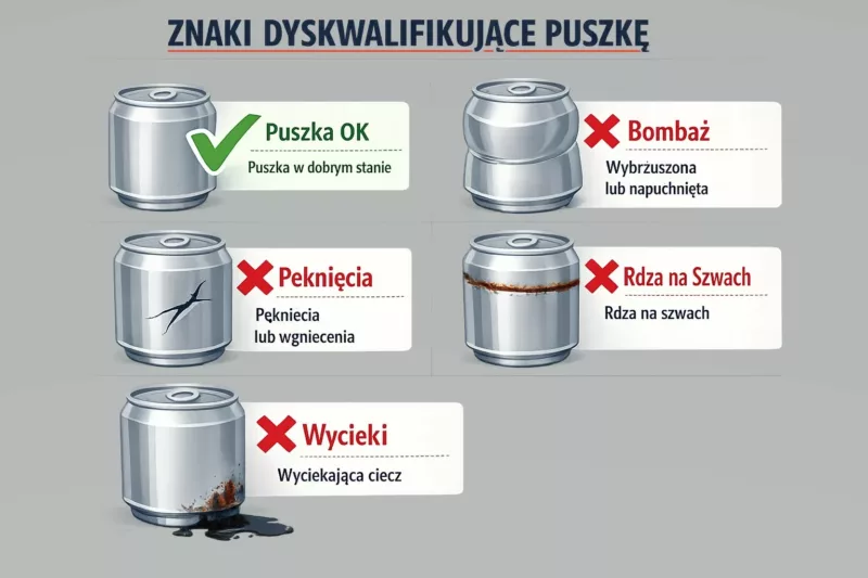 Infografika przedstawiająca oznaki uszkodzenia puszki dyskwalifikujące produkt do spożycia
