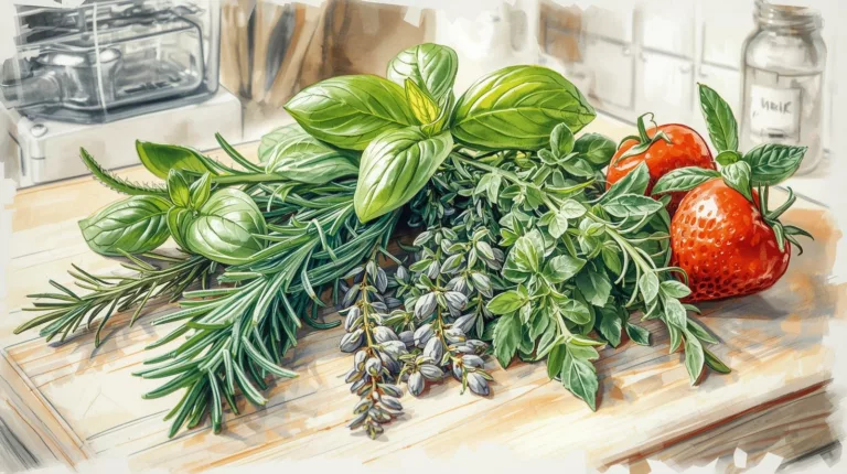 Świeże zioła kulinarne bazylia rozmaryn tymianek oregano lubczyk na drewnianym blacie jako naturalna alternatywa dla soli kuchennej