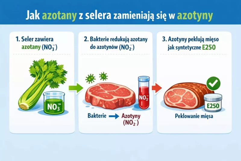 Schemat pokazujący przekształcanie azotanów z selera w azotyny w wędlinach