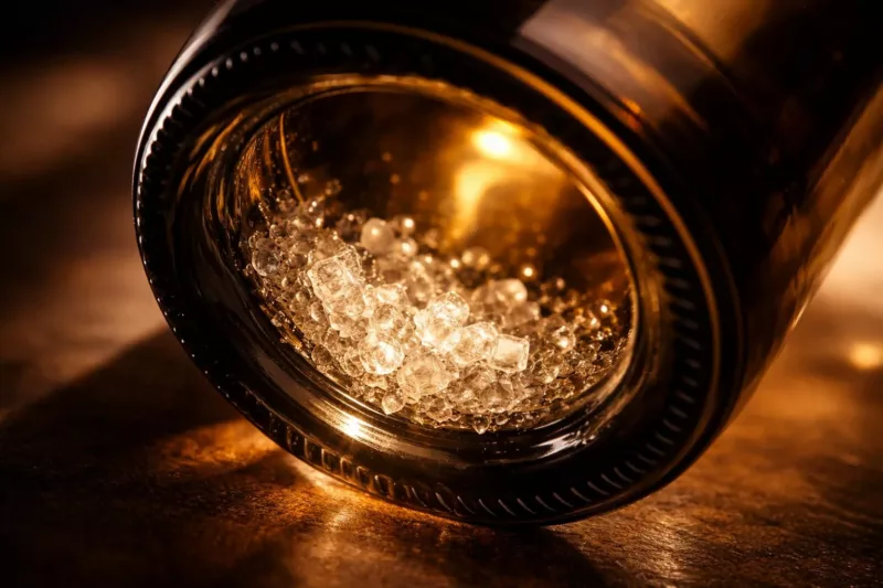 Diamenty winiarskie, kryształki winianu potasu na dnie butelki wina
