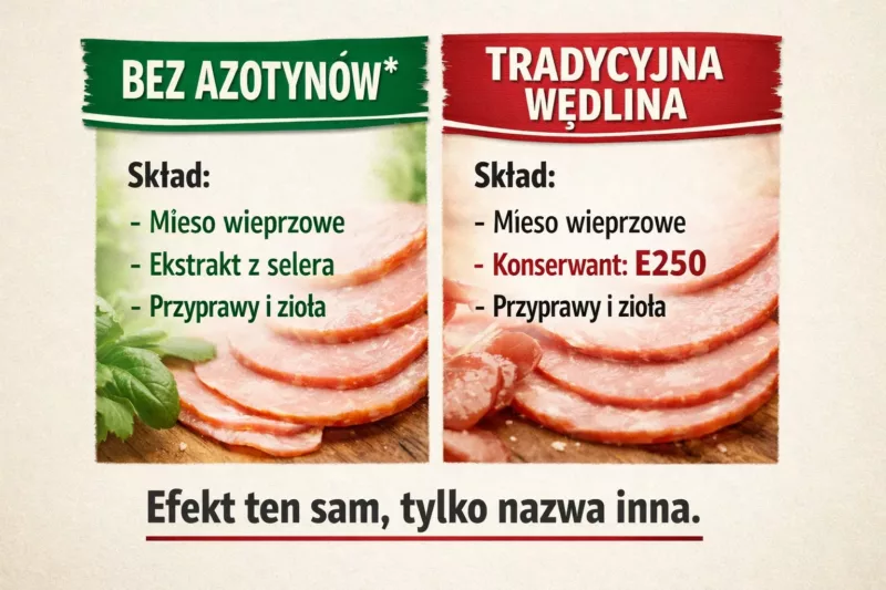 Porównanie etykiet wędlin bez azotynów z selerem i tradycyjnych z E250