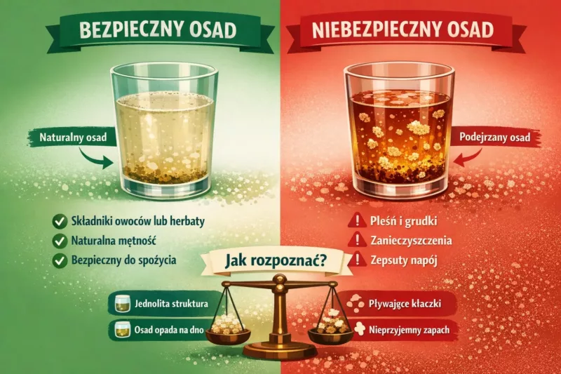 Infografika pokazująca różnice między bezpiecznym i niebezpiecznym osadem w napojach