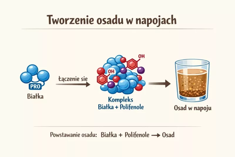 Schemat chemiczny pokazujący powstawanie osadu w napojach przez połączenie białek i polifenoli