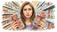 Konsumentka porównuje wędliny bez azotynów z tradycyjnymi produktami w sklepie