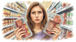Konsumentka porównuje wędliny bez azotynów z tradycyjnymi produktami w sklepie