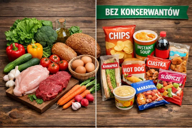 Porównanie świeżych produktów bez konserwantów z przetworzonymi produktami reklamowanymi jako naturalne