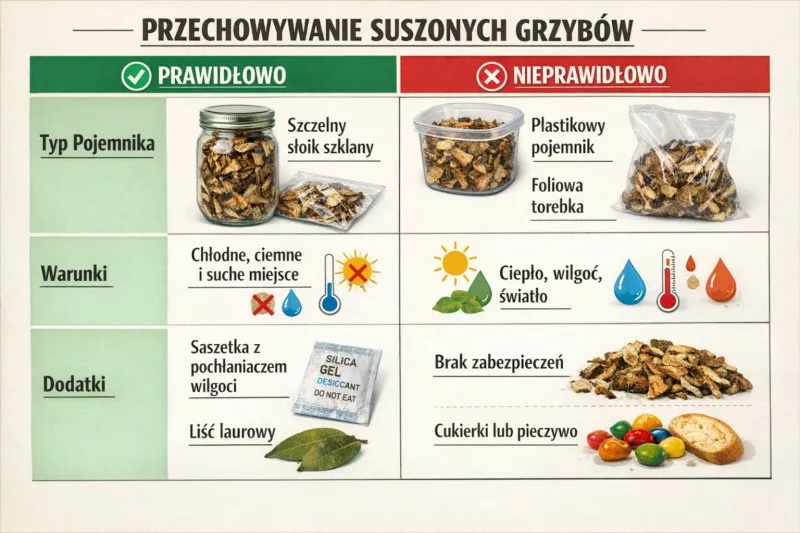 Porównanie metod przechowywania suszonych grzybów - słoiki szklane, metalowe puszki versus woreczki foliowe