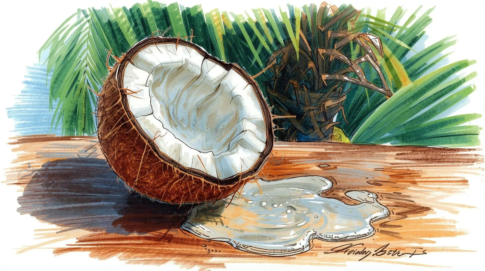 Świeży kokos przecięty na pół pokazujący biały miąższ i wodę kokosową