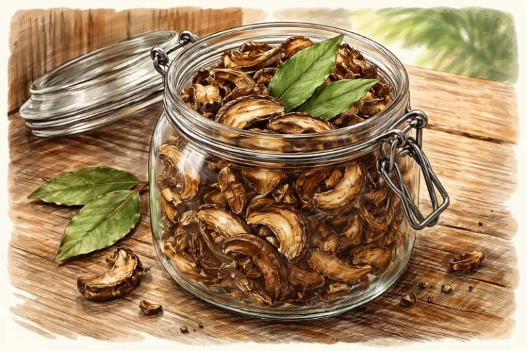 Suszone grzyby borowiki w szczelnym szklanym słoiku z liśćmi laurowymi jako naturalny sposób ochrony przed molami