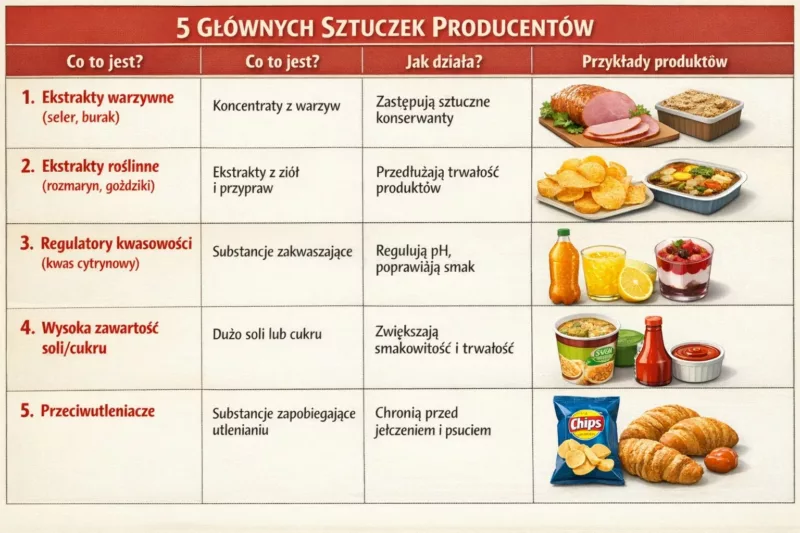 Tabela pokazująca pięć głównych metod omijania przepisów o konserwantach przez producentów