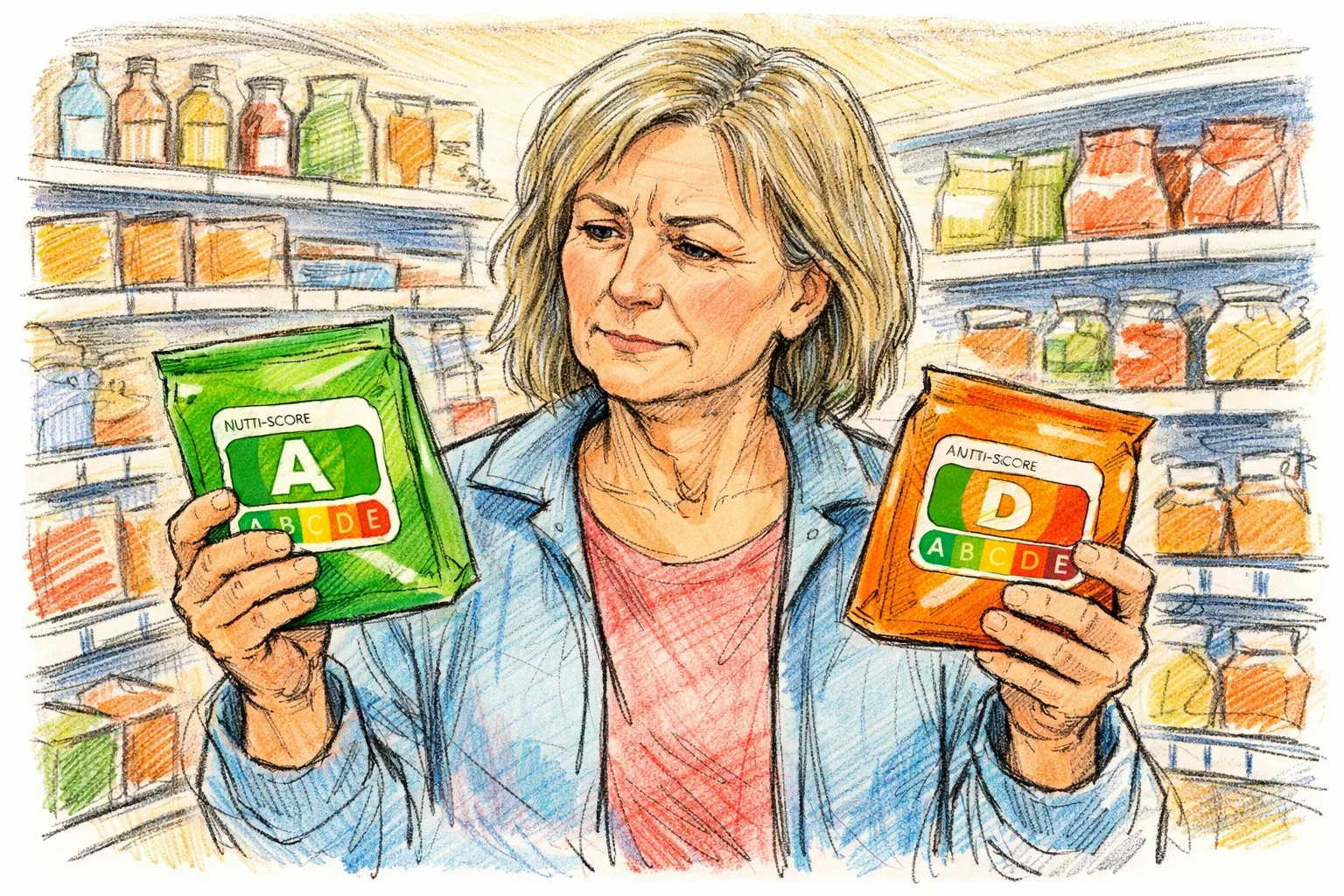Kobieta porównuje produkty z różnymi ocenami Nutri-Score podczas zakupów w supermarkecie