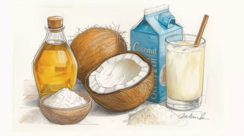 Różne produkty z kokosa: olej, mleko, wiórki, woda i mąka kokosowa