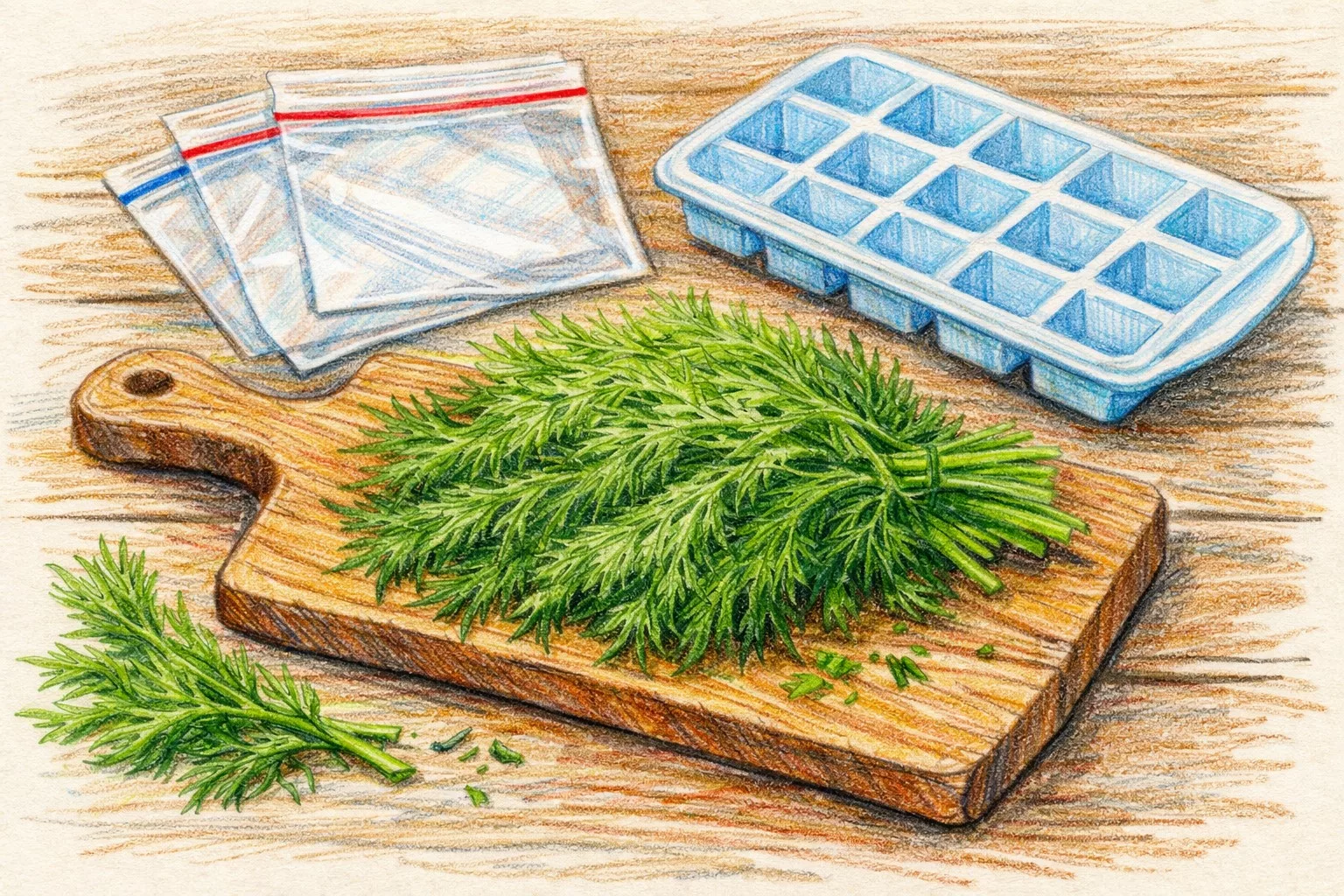 Świeży koperek przygotowany do zamrożenia z woreczkami i pojemnikiem na kostki