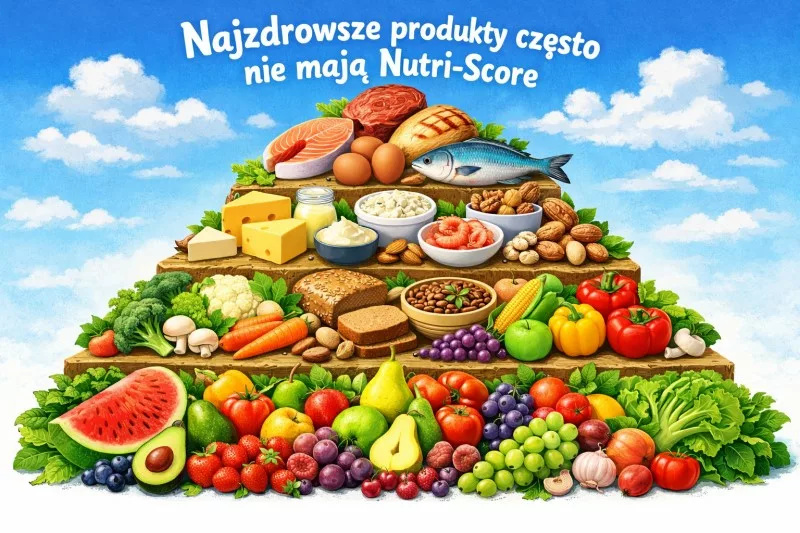Infografika pokazująca zdrowe produkty naturalne bez oznaczenia Nutri-Score