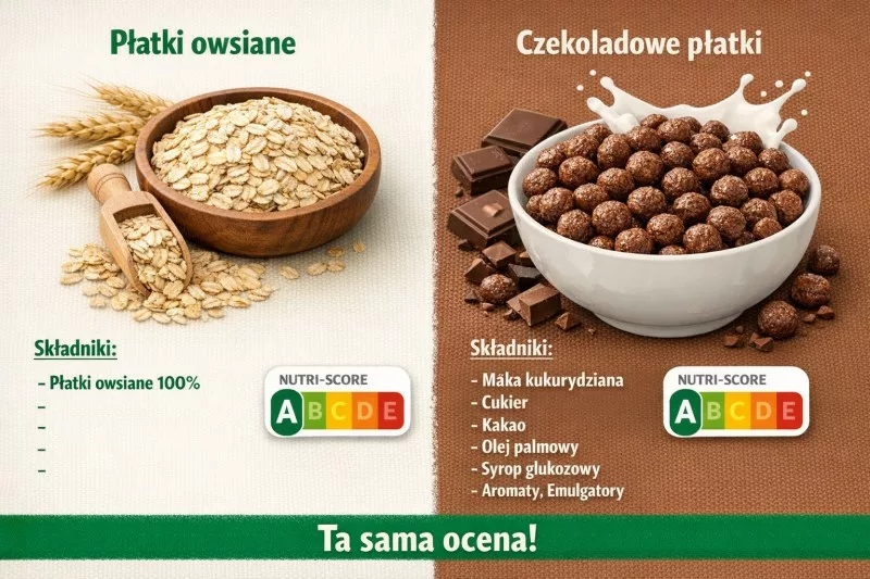 Porównanie naturalnych i wysokoprzetworzyonych płatków śniadaniowych o tej samej ocenie Nutri-Score A