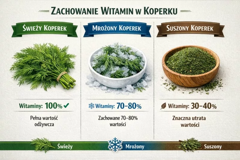 Infografika pokazująca zachowanie witamin w świeżym, mrożonym i suszonym koperku