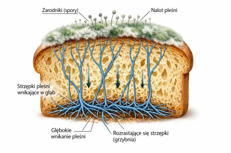 Schemat strzępków pleśni wnikających w strukturę chleba.