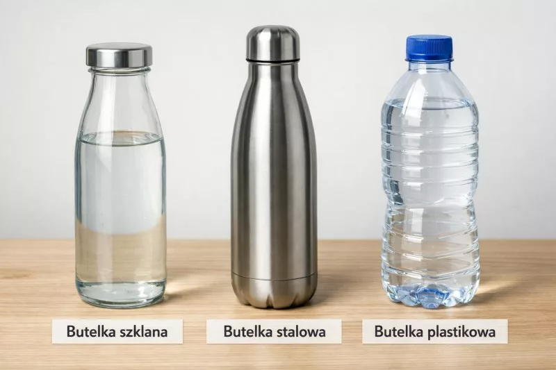 Porównanie butelek na wodę - szkło stal nierdzewna i plastik PET