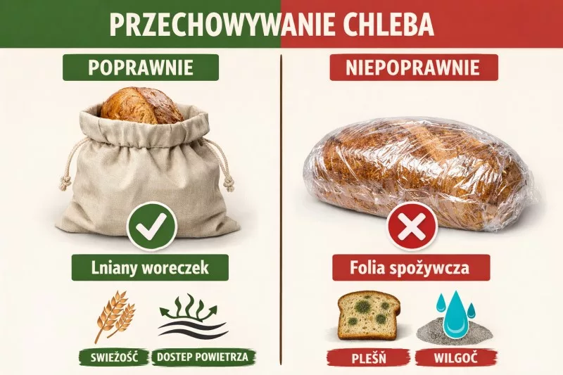 Prawidłowe przechowywanie chleba w lnianym woreczku i w chlebaku.